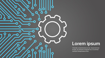 Poster - Cog Wheel Over Computer Chip Moterboard Background Network Data Center System Concept Banner Vector Illustration