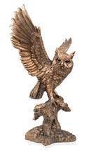 A Bronze Statuette Of A Flying Owl With Flapping Wings Isolated On White Background
