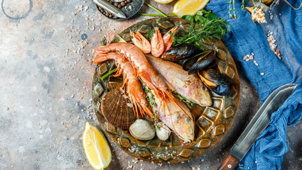 Wall Mural - Seafood on brown ceramic plate