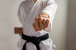 karate black belt demonstrating an oi-tsuki (forward punch)