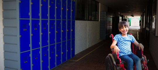 Sticker - Composite image of cute disabled pupil smiling at camera in hall