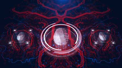 Technology background. Fingerprint access button. Cyber security and information technology. Blue, red background with digital integrated network technology. Printed circuit board.