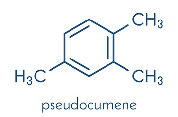 Poster - Pseudocumene (1,2,4-trimethylbenzene) aromatic hydrocarbon molecule. Occurs in naturally in coal tar and petroleum. Skeletal formula.