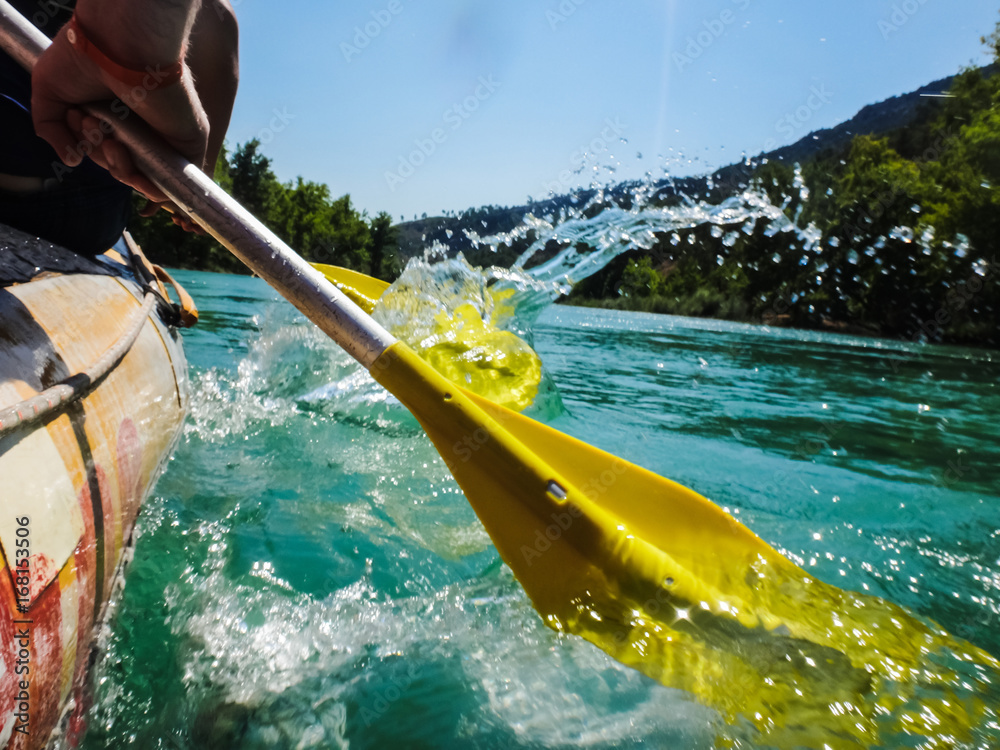 Paddle, river and the side of the boat during rafting - obrazy, fototapety, plakaty 