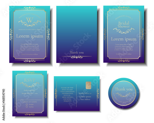 Set Of Deep Blue Sea Color Wedding Invitation Card And Gold Set Of Deep Blue Sea Color Wedding Invitation Card And Gold Ornaments Frame Decoration Vector Ilration