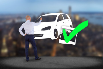Poster - Business man in front of a wall with a Verified car ready to go - transportation and travel concept