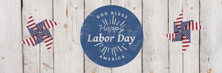 Poster - Happy labor day text and USA wind catchers in front of wood