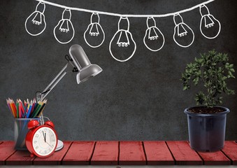 Poster - Desk foreground with blackboard graphics of light bulbs