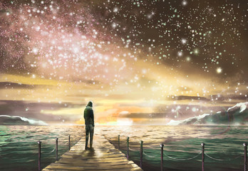 Wall Mural - Fantastic illustration with MilkyWay, stars. Man is standing on pier on the sea and looking a space landscape. Painting.