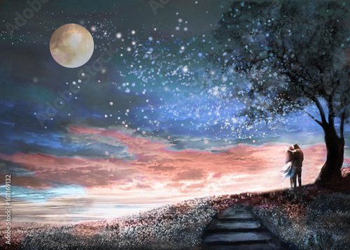 Plakat Ilustracja Fantasy z nocnego nieba i MilkyWay, gwiazdy księżyca. kobieta i mężczyzna pod drzewem patrząc na krajobraz przestrzeni. kwiecista łąka i schody. Obraz.
