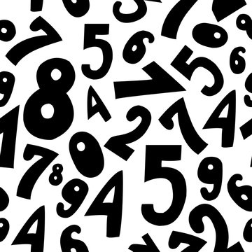 Seamless pattern with cute black cartoon numbers on white backgro