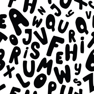 Seamless pattern with black cartoon letters on white background.