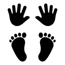 Baby's Foot Prints And Hand Prints. Black Silhouettes. Vector Illustration.