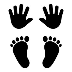 Baby's foot prints and hand prints. Black silhouettes. Vector illustration.
