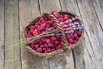 Basket with raspberries and lavender/Basket with raspberries and lavender on wooden background