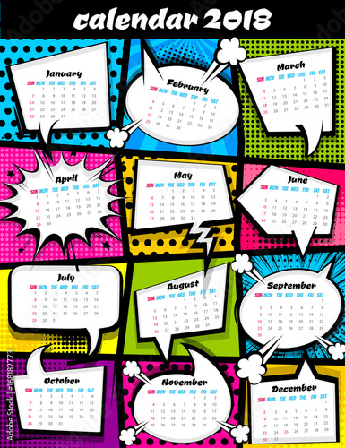 2018 Calendar Pop Art Template Comic Book Colored Halftone Background 