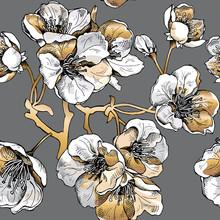 Seamless Pattern With Gold Flowers Cherry On A Dark Gray Background. Vector Illustration.