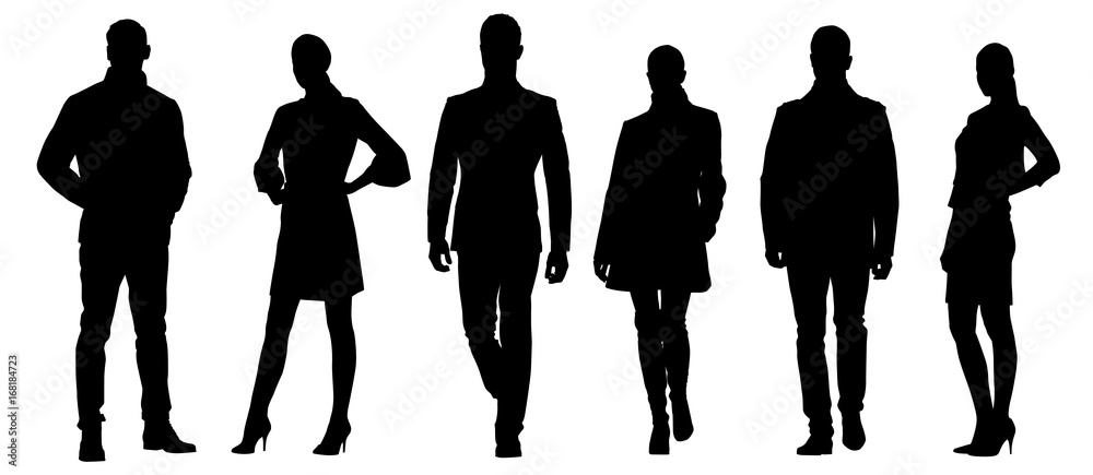 Set of businessmen vector silhouettes, group of men and women in formal dress - obrazy, fototapety, plakaty 