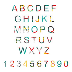 Poster - Vector typography set with alphabet letters sequence from A to Z and numbers. Abc letters and digits decorated in modern style with hand drawn patterns and textures. Isolated calligraphy collection