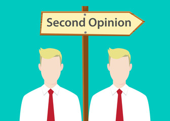 second opinion sign illustration with two people with signboard as background