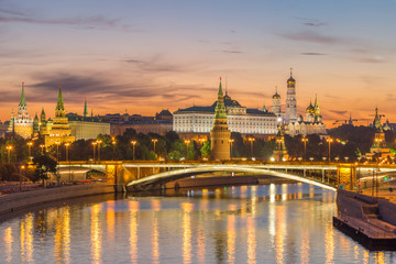 Wall Mural - Illuminated Moscow Kremlin and Moscow River with bridge in the early summer morning. Russia