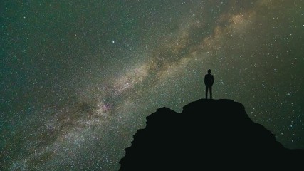 Wall Mural - The man stand on the top of the mountain against the starry sky. time lapse