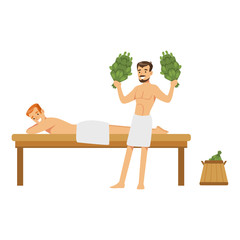 Poster - Smiling man wearing towel massaging another man with birch broom in sauna steam room colorful vector Illustration