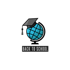 Back to school logo globe and mortarboard training courses emblem or education poster mockup, flat knowledge icon