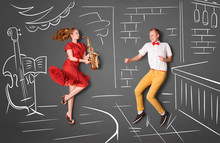Playing For Him / Love Story Concept Of A Romantic Couple Dancing And Playing Sax Against Chalk Drawings Background.