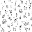 © Franzi draws - Love is all around - seamless pattern of tiny people holding heart shaped balloons - a diverse collection of small hand drawn men, women and kids in black and white