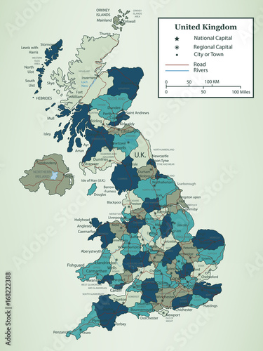 Fotomural United Kingdom map with selectable territories. Vector