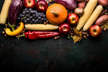 Wall Mural - Different seasonal autumn vegetables and fruits on green wooden background