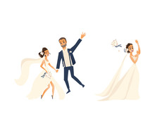 Vector Groom And Bride Newlywed Couple Set Flat Cartoon Illustration Isolated On A White Background. Wedding Concept Character Design