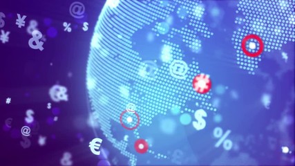 Poster - Abstract World Globe with currency signs and points major cities on a blue background. Global business technology concept. Seamless loop.