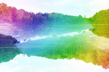 A Colorful Psychedelic Abstract Image Of A Lake.