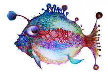 Painted Bright Fish On A White Background. All The Colors Of The Rainbow. Isolated Multicolor Composition. Painting. Children's Holiday