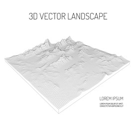 Fototapete - 3D Vector landscape. Contour. Abstract digital landscape with particles dots and stars on horizon. Wireframe landscape background. Big Data