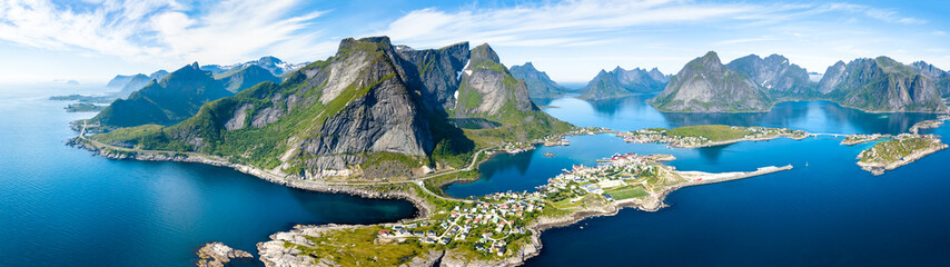 aerial panoramic view of reine, lofoten, norway, sunny arctic summer
