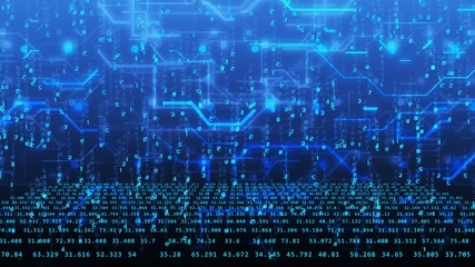 Poster - Abstract technology concept with moving numbers and circuit board imitation on a blue background. Internet technology business concept.