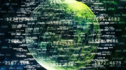 Poster - A lot of digital numbers around a wired sphere. Big data concept. Matrix.