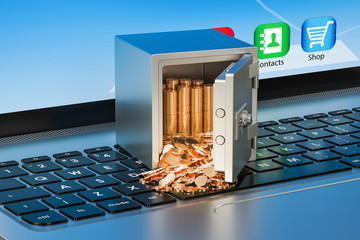 Poster - safe box with golden coins on keyboard, 3d rendering