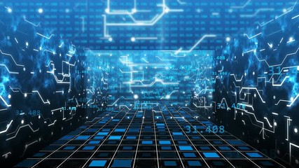 Poster - Digital Computer Grid Matrix room Technology with a light data circuit board elements