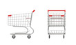 © gearstd - 3d rendering of a shopping cart with a red handle in front and side view on white background.