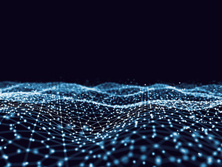 Fototapete - Abstract 3d rendering futuristic dots and lines. computer geometric digital connection structure. Futuristic black abstract grid. Plexus with particles. Intelligence artificial
