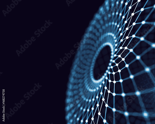 Zdjęcie XXL Abstrakta 3d renderingu futurystyczne kropki i linie. komputerowa struktura geometrycznego połączenia cyfrowego. Futurystyczny czarny streszczenie siatki. Splot z cząsteczkami. Inteligencja sztuczna