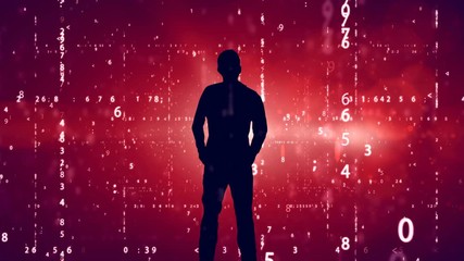Poster - Silhouette and falling digits on red background. Internet Business concept.