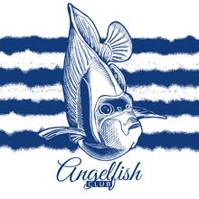 Poster With Image Of Fish Emperor Angelfish On Blue Striped Background. Vector Illustration.