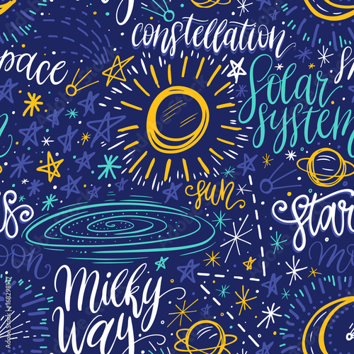 Cotton fabric Weltraum handgezeichneten Astronomie niedlichen Cartoon Musterdesign. Dekorative Hand Schriftzug. Vektor-illustration