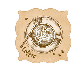 Wall Mural - Cappuccino in a cup on a saucer with a spoon. Coffee top view. Vector ink hand drawn illustration. Engraved style.