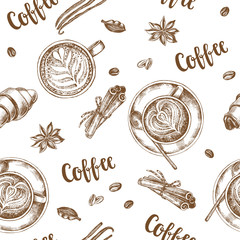 Wall Mural - Decorative seamless pattern with ink hand-drawn Cups of cappuccino, spices and croissants. Coffee elements texture with brush calligraphy style lettering. Vector illustration.